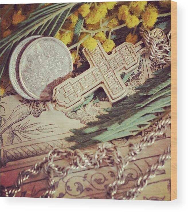 Vintage Wood Print featuring the photograph Group with coins and cross by Anna Aybetova