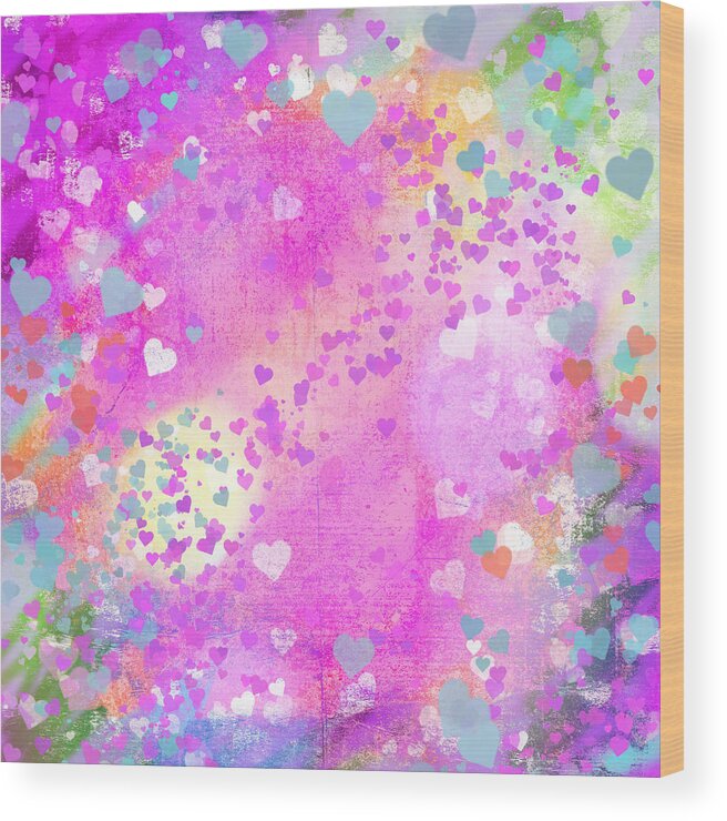 Pink Wood Print featuring the mixed media Grunge Hearts Abstract Art I by Marianne Campolongo