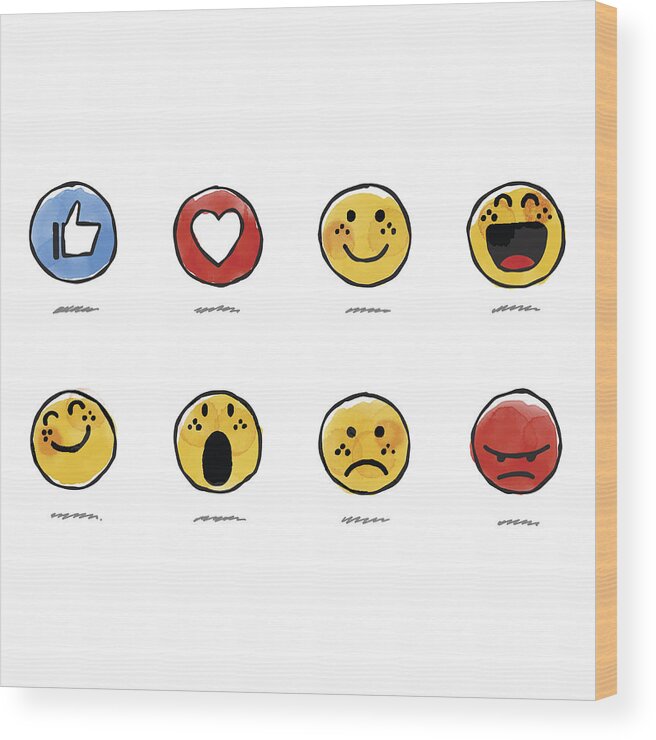 Watercolor Painting Wood Print featuring the drawing Hand drawn watercolor basic emojis by Calvindexter