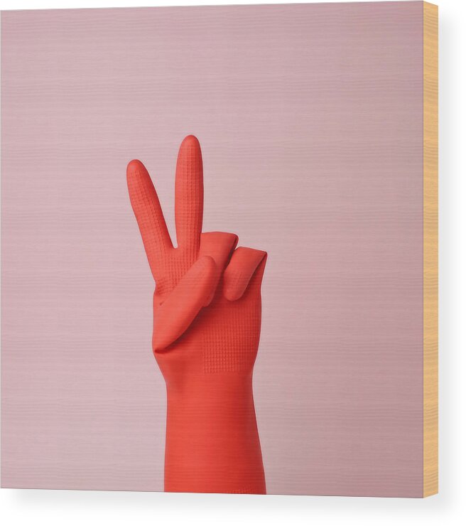 Washing Up Glove Wood Print featuring the photograph Hand In Red Rubber Glove Making Peace by Juj Winn