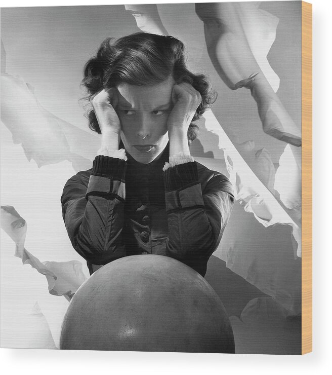 Academy Award Winning Actress Katharine Hepburn Assumes A Studied Pout In This Cecil Beaton Image From The July 1935 Vanity Fair. Hepburn Tallied 12 Academy Award Nominations For Best Actress And 4 Wins Between 1932 And 1981. Wood Print featuring the photograph Hepburn Pout by Cecil Beaton