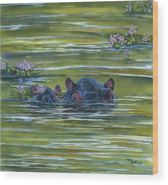 Hippo Wood Print featuring the painting Hippos and Hyacinths by June Hunt
