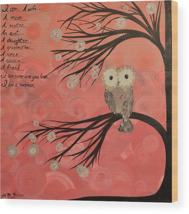 Owls Wood Print featuring the painting Hoo's Who Care - Find The Cure - Support Breast Cancer Awareness - Hoolandia #383 by MiMi Stirn
