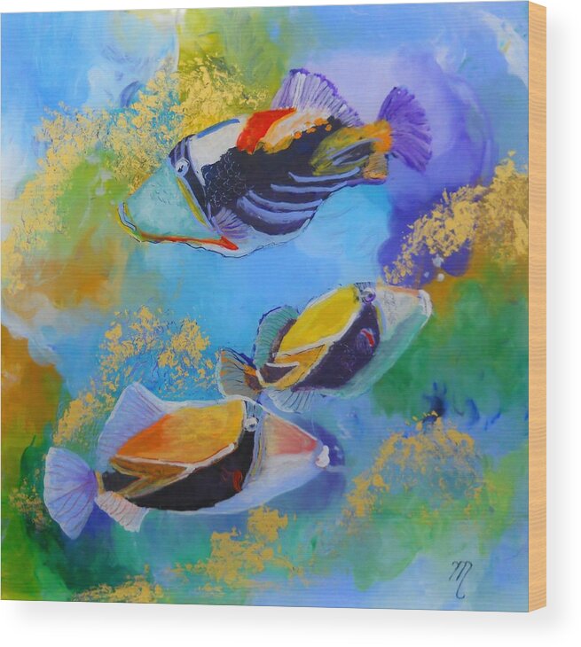 Tropical Fish Wood Print featuring the painting Humuhumu by Marionette Taboniar