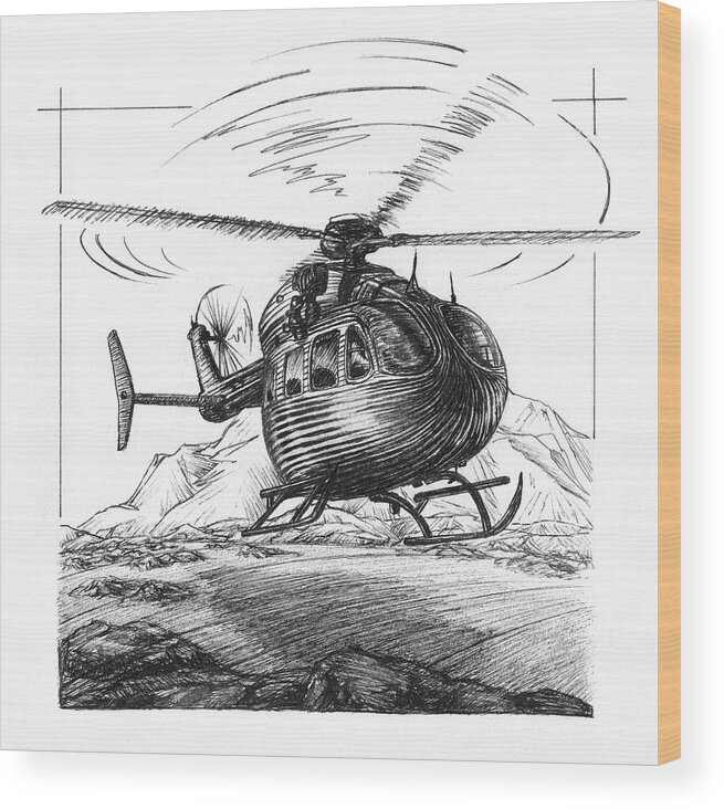 Military Wood Print featuring the photograph Ink Drawing Of Uh-72 Lakota Helicopter by Alayna Guza