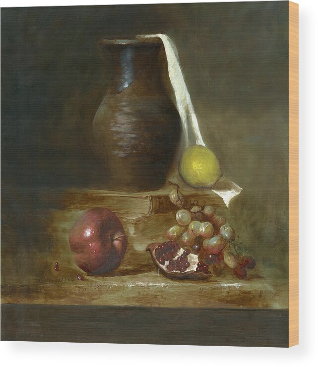 Jar Oil On Canvas Board Still Life Fruit Lemon Apple Grapes Wood Print featuring the painting Italian Still life by Cecilia Brendel