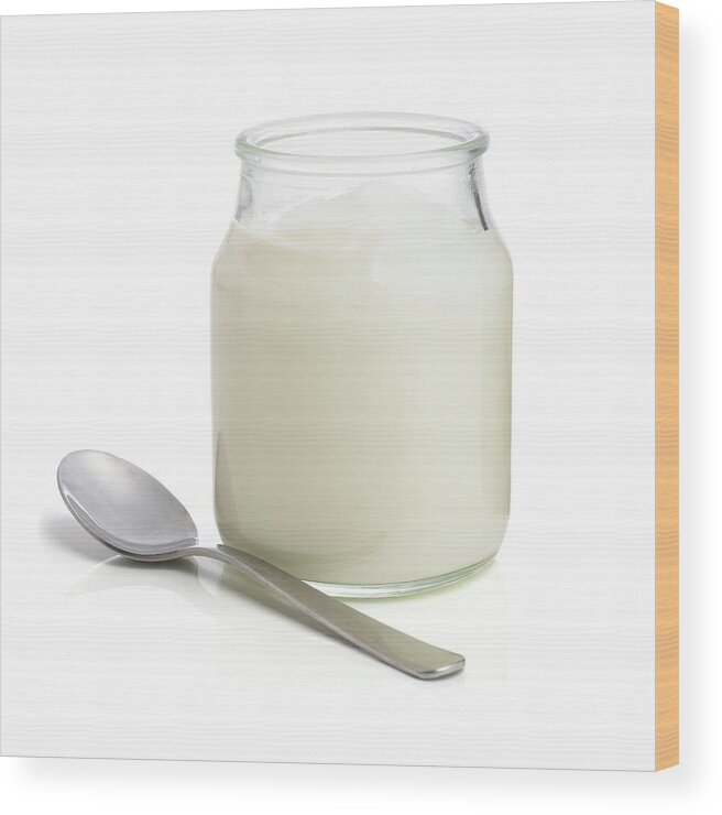 Close Up Wood Print featuring the photograph Jar Of Natural Yoghurt And A Spoon by Science Photo Library