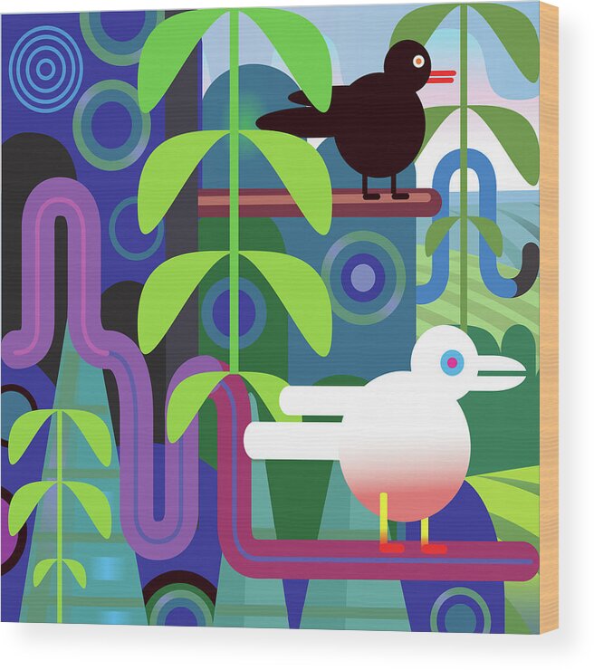 Pets Wood Print featuring the digital art Jungle Vector Illustration With Birds by Charles Harker