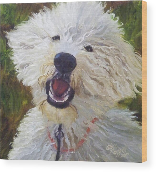Dog Wood Print featuring the painting Labradoodle by Alice Leggett
