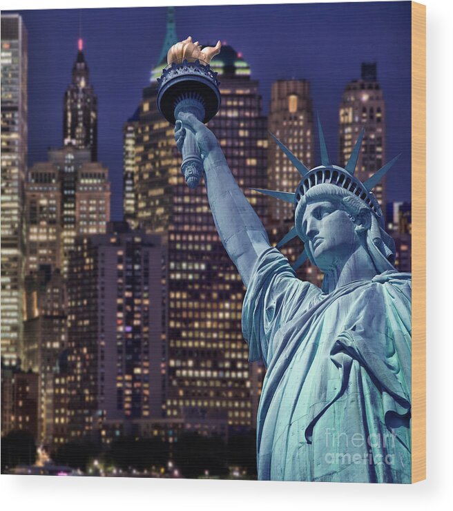Statue Wood Print featuring the photograph Statue of Liberty, New York at night by Delphimages Photo Creations