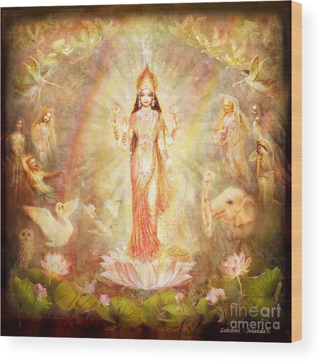 Goddess Painting Wood Print featuring the mixed media Lakshmi with Angels and Muses by Ananda Vdovic