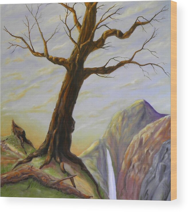 Tree Branches Mountains Waterfall Water Rocks Grass Moss Stump Log Decay River Dirt Rocks Green Blue Yellow White Orange Brown Purple Clouds Sky Sunset Roots Cliff Sand Light Dark Shadow Sunlight Peaks Wood Print featuring the painting Last Tree Standing by Ida Eriksen