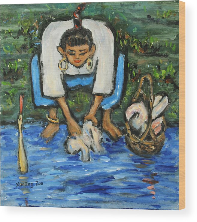 Figurative Wood Print featuring the painting Laundry Girl by Xueling Zou