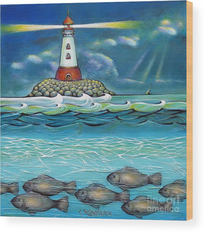 Lighthouse Wood Print featuring the painting Lighthouse Fish 030414 #2 by Selena Boron