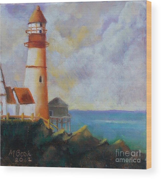 Lighthouse Wood Print featuring the painting Lighthouse on Copper Mini by Marlene Book