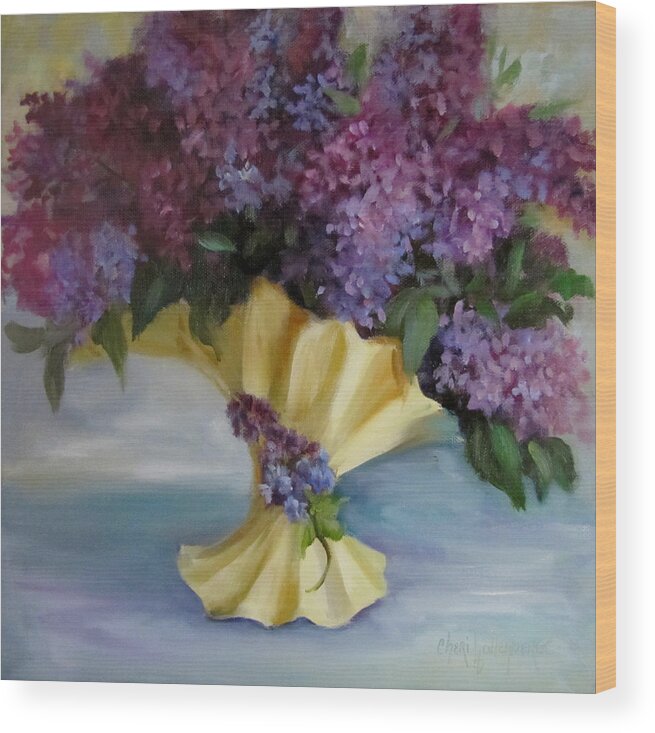 Lilacs Wood Print featuring the painting Lilac Bouquet in Vintage Vase by Cheri Wollenberg