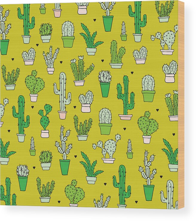 Cactus Wood Print featuring the drawing Little cactus botanical garden by Maaike Boot