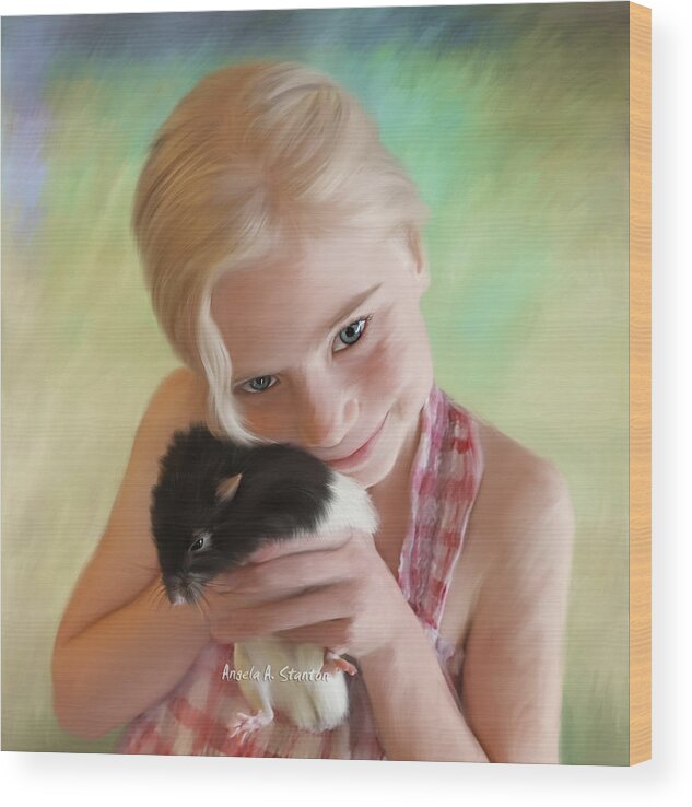 Girl Wood Print featuring the painting Little Girl and Pet Rat by Angela Stanton