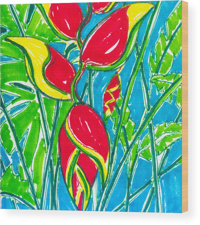 Flower Wood Print featuring the painting Lobster Claw Heliconia by Kelly Smith