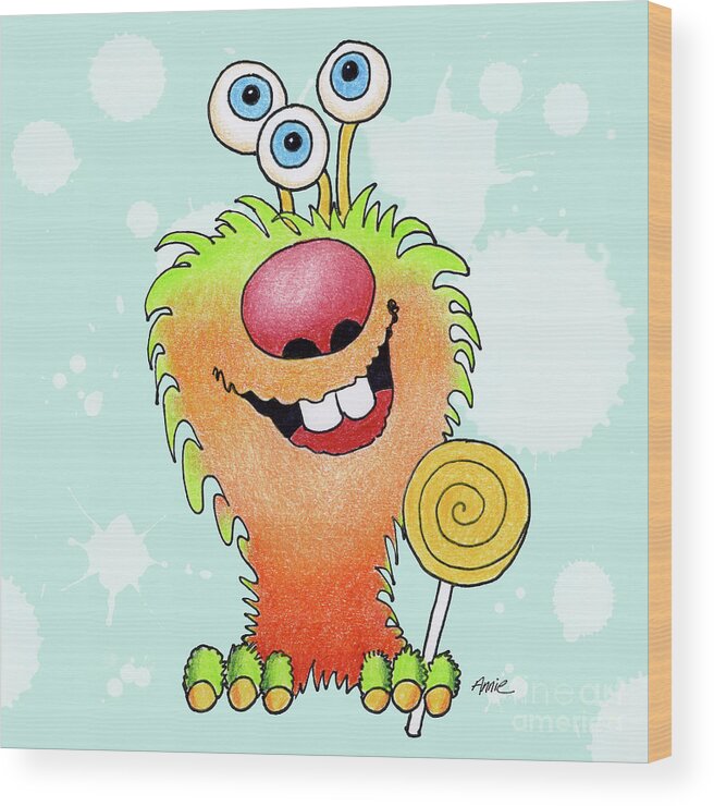 Color Pencil Wood Print featuring the painting Lolli Pop Monster by Annie Troe