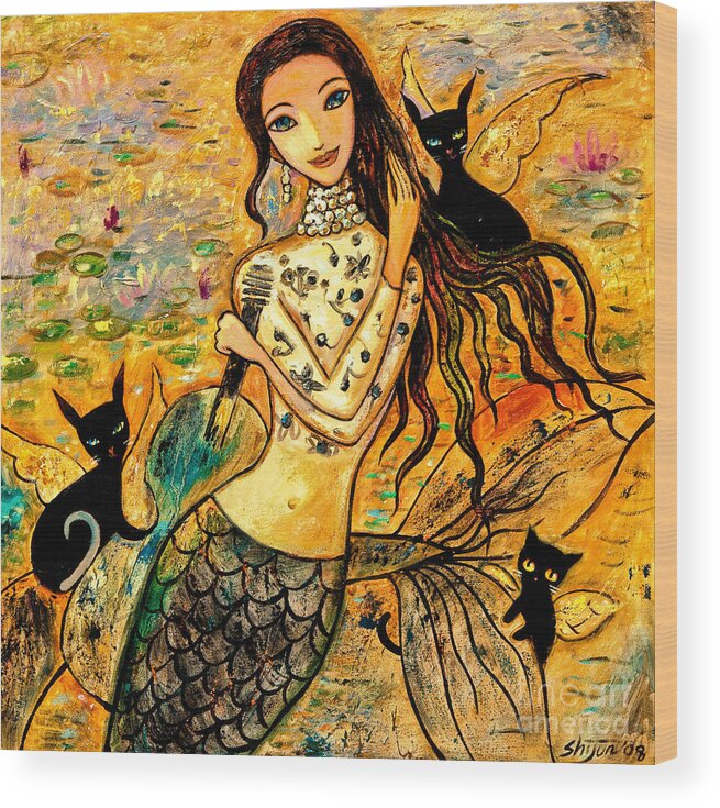 Mermaid Art Wood Print featuring the painting Lotus Pool by Shijun Munns