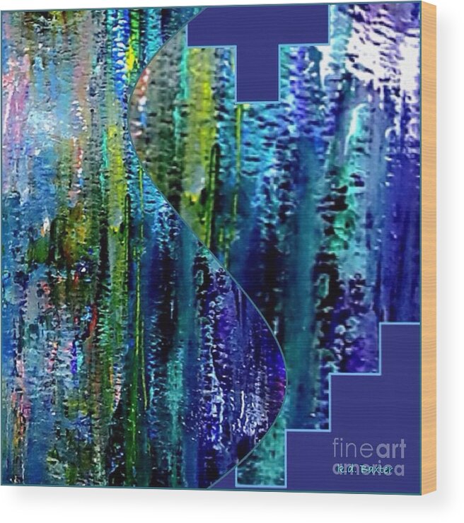 Abstract Work Stained Glass Look Or Effect With Cool Tones Of Emerald Green With A Touch Of Yellow Mixed With Cobalt Blue And Turquoise Meditative Piece Calming And Soothing To View Wood Print featuring the painting Make a Splash with Abstract by Kimberlee Baxter
