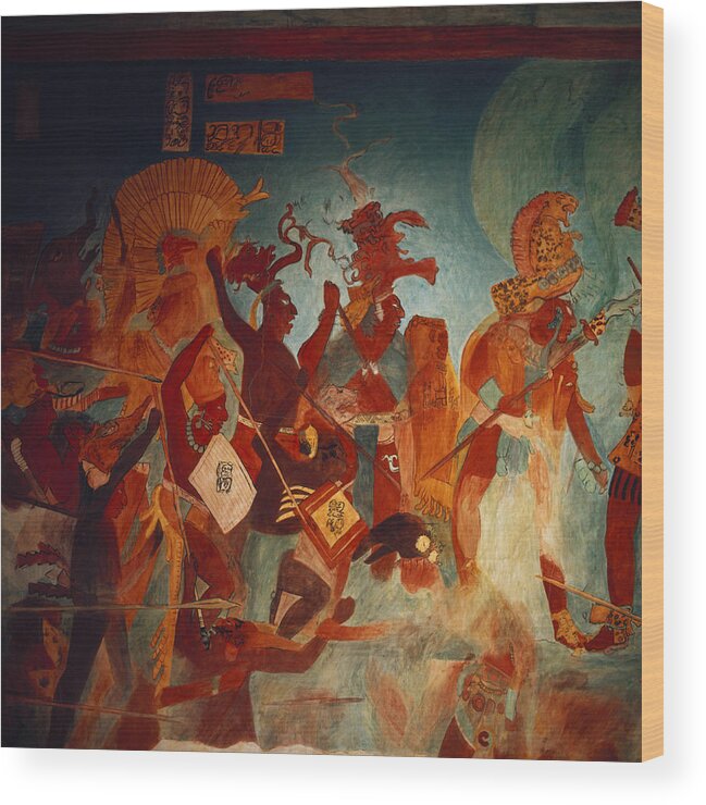 Ancient Wood Print featuring the painting Maya Fresco At Bonampak by George Holton