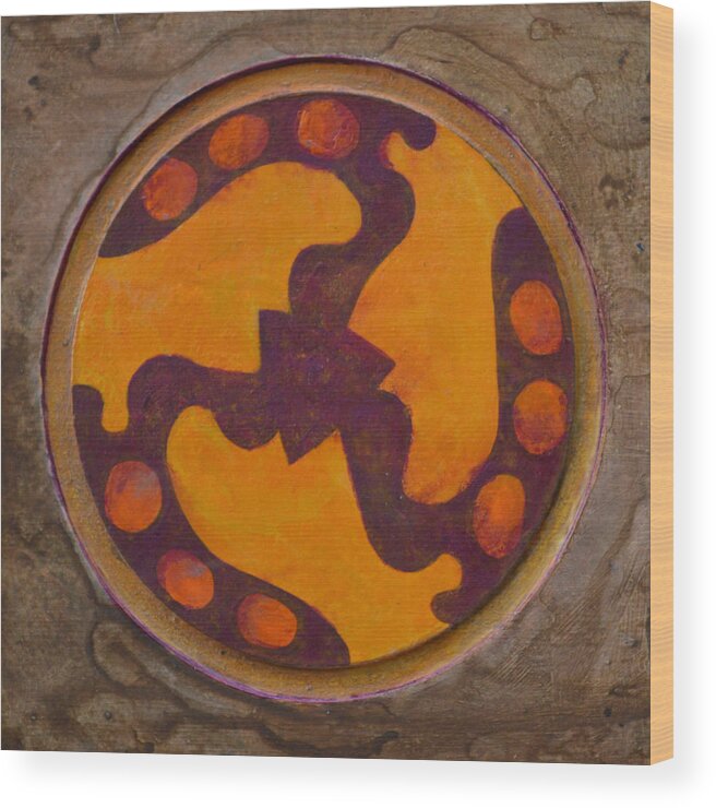 Mandala Modern Round Circle Outsider Thirds Abstract Yellow Orange Purple Wood Print featuring the painting Mendala 6 by Nancy Mauerman