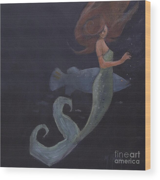 Mermaid Wood Print featuring the painting Mermaid and the Blue Fish by Mary Hubley