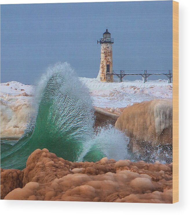 Manistee Photography Wood Print featuring the photograph Mermaid Tail and The Manistee Lighthouse Square by Steve White