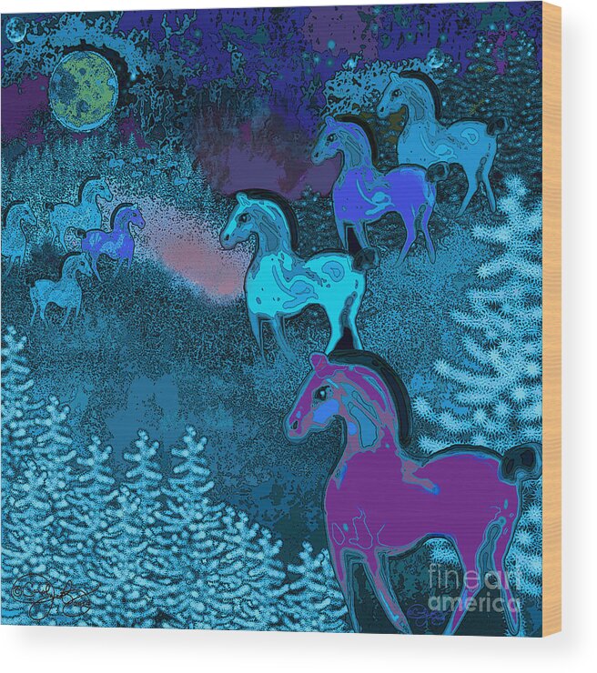 Franz Marc Wood Print featuring the digital art Midnight Horses by Carol Jacobs