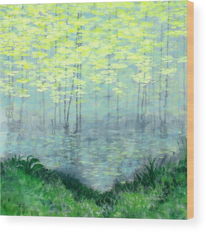 Abstract Wood Print featuring the painting Misty Lake Morning by Herb Dickinson