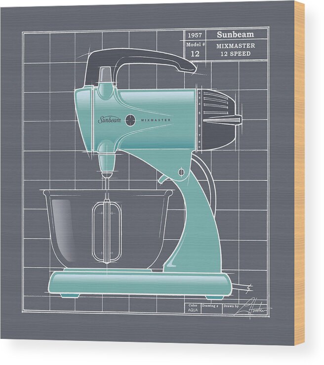 Mid Century Wood Print featuring the drawing MixMaster - aqua by Larry Hunter