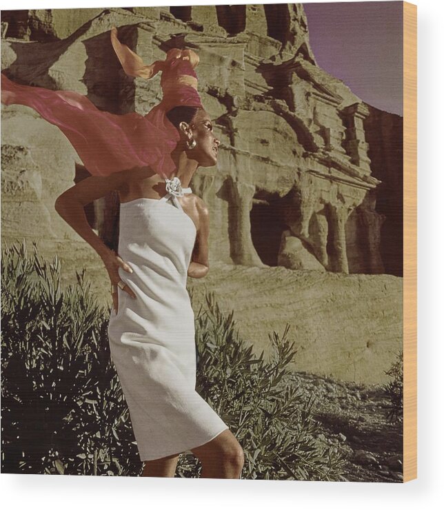 Fashion Wood Print featuring the photograph Model In White Linen Dress At Petra by Henry Clarke