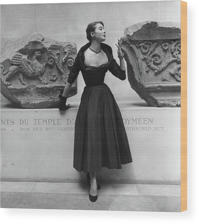 Full-length Wood Print featuring the photograph Model Standing Between Two Carved Stones by Frances McLaughlin-Gill
