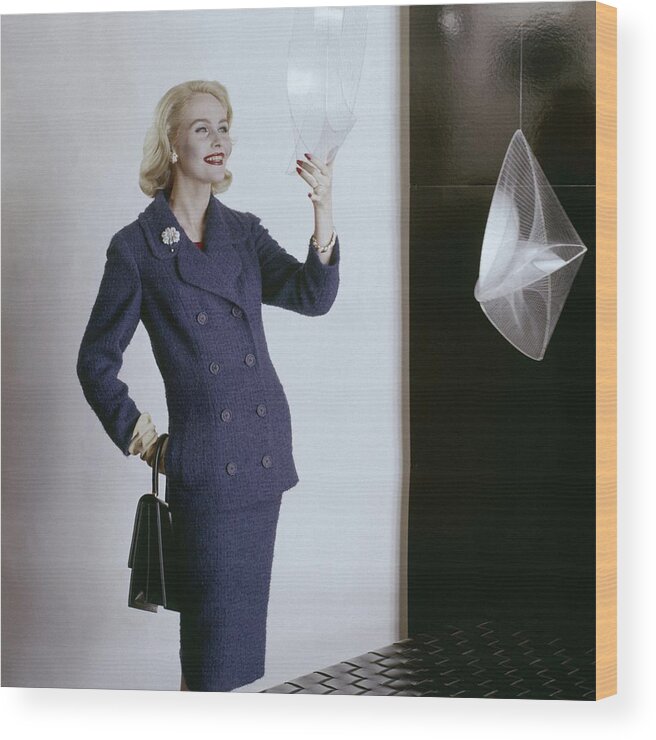 Fashion Wood Print featuring the photograph Model Wearing A Purple Wool Boucle Suit By George by Henry Clarke