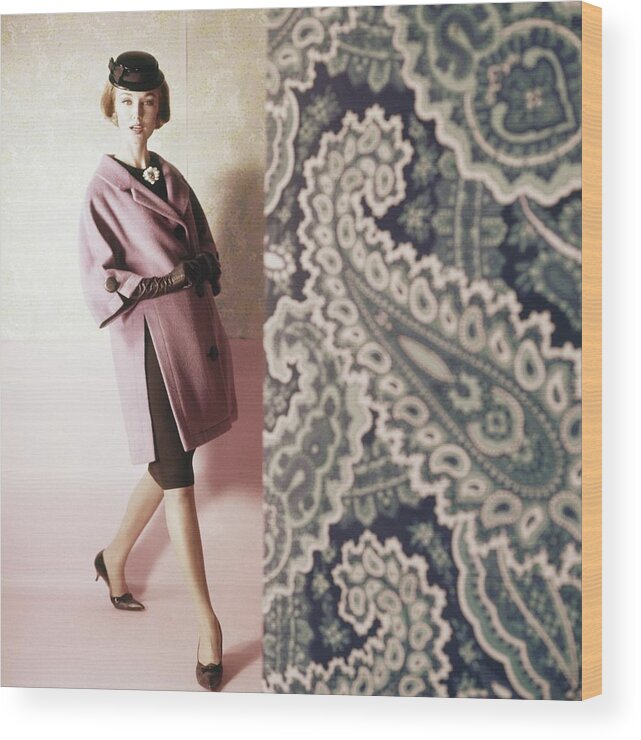 Studio Shot Wood Print featuring the photograph Model Wearing Purple Coat by Horst P. Horst