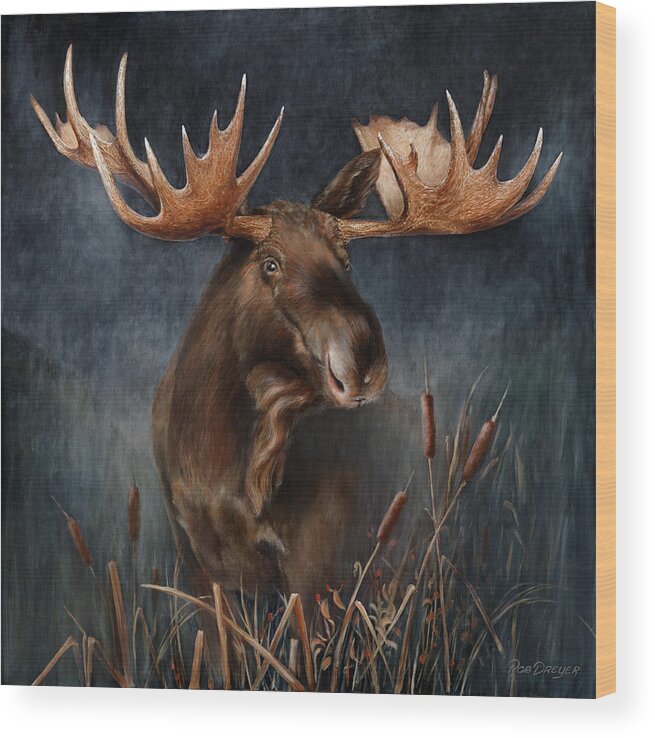 Moose Wood Print featuring the painting Moose in the Mist by Dreyer Wildlife Print Collections 