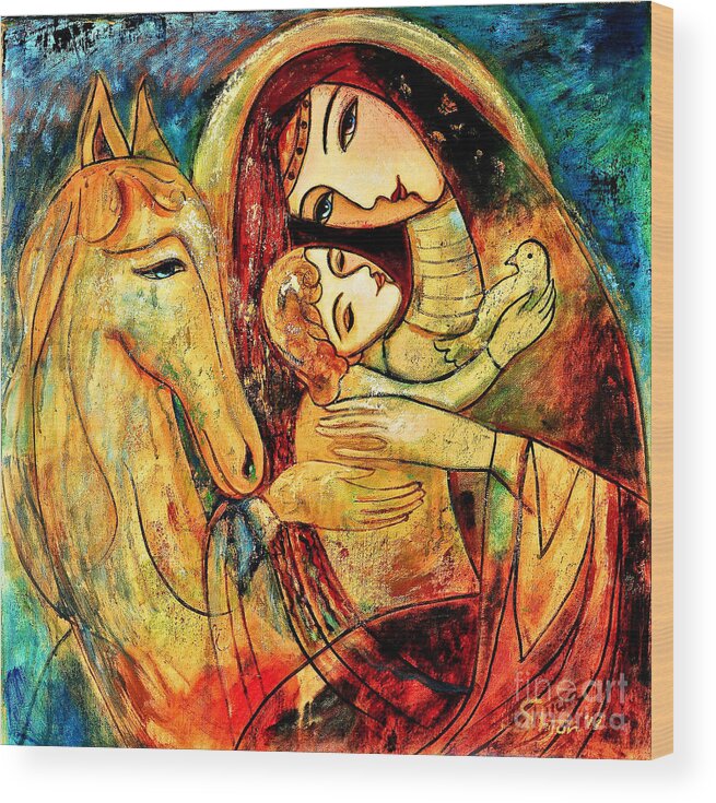 Mother And Child Wood Print featuring the painting Mother with Child on horse by Shijun Munns