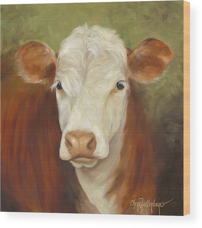 Hereford Cow Wood Print featuring the painting Ms Sophie - Cow Painting by Cheri Wollenberg