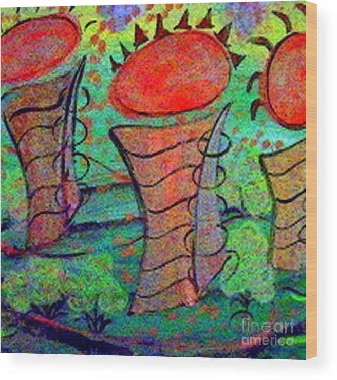 Mushroom Houses Wood Print featuring the painting Mushroom Houses by Donna Daugherty