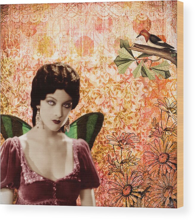 Myrna Loy Wood Print featuring the digital art Myrna Loy And The Bird by Cat Whipple