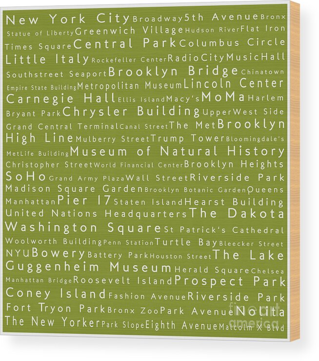 City Wood Print featuring the photograph New York City in Words Olive by Sabine Jacobs
