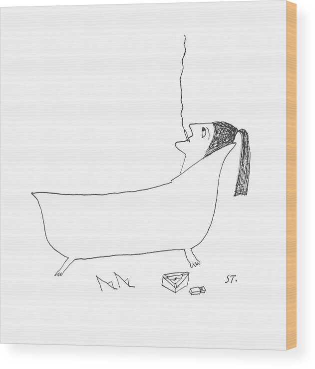 92138 Sst Saul Steinberg (woman In A Bathtub.) Alone Bath Bathe Bathing Bathtub Cigarette Clean Health Meditate Meditating Relax Relaxing Smoke Smoking Solitary Tub Wash Woman Wood Print featuring the drawing New Yorker January 14th, 1956 by Saul Steinberg