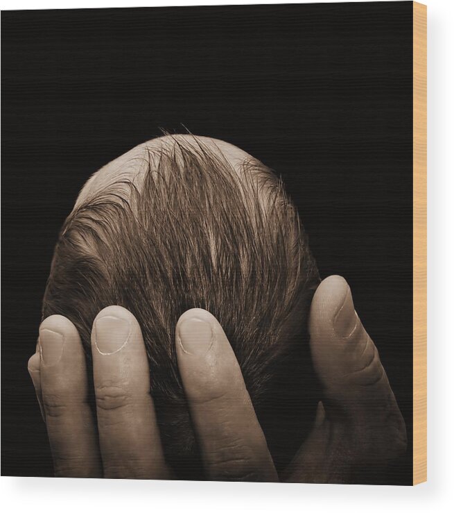 Newborn Wood Print featuring the photograph Newborn In Hand Of His Father by Tracie Schiebel