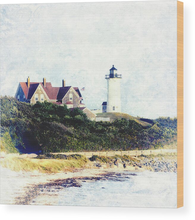 Nobska Lighthouse Wood Print featuring the mixed media Nobska Lighthouse Cape Cod Massachusetts retro style by Marianne Campolongo