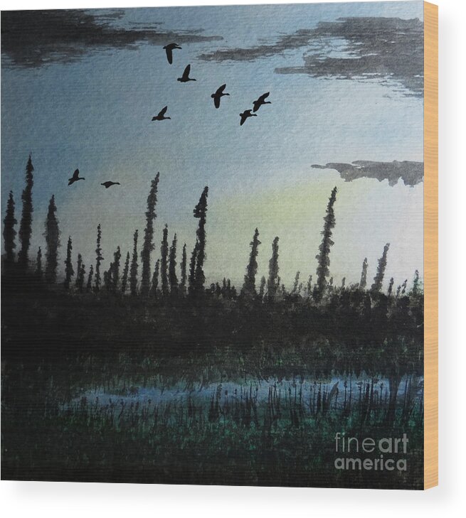 Limit North Geese Night Twilight Nightfall Evening Sunset Blue Yellow Northern Migration Waterfowl Dusk Pine Trees Tree Black Spruce Evergreen Landscape Sky Kyllo Silhouette Luminous Luminism Hunting Outdoors Outdoor Hunt Manly Masculine Male Canada Canadian Rugged Watercolor Painting Pond Lake Water Reeds Cattails Swamp Bog Cloud Clouds Calm Peace Peaceful Rest Restful Relaxing Quiet Silent ice Pruned Bush Rough Backcountry Wilderness Arctic Taiga Tundra Edge Wood Print featuring the painting Northern Limit by R Kyllo