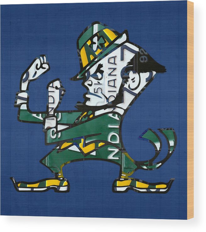 Notre Dame Wood Print featuring the mixed media Notre Dame Fighting Irish Leprechaun Vintage Indiana License Plate Art by Design Turnpike