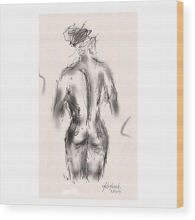 Nude Woman Figure Naked Drawing Pencil Sketch Back Body Wood Print featuring the drawing Nude by Miroslaw Chelchowski