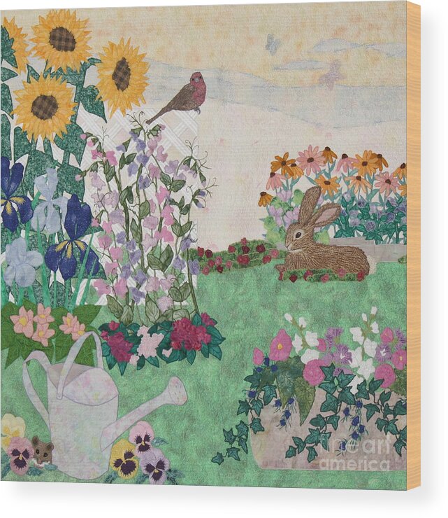 Bunny Wood Print featuring the tapestry - textile Ode to Henry and Joys of Nature by Denise Hoag